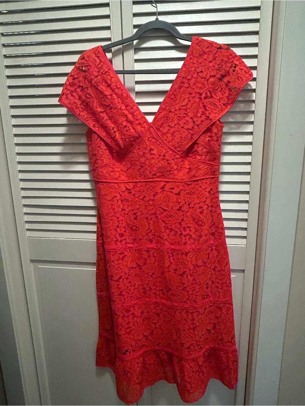 Nanette Lepore Red-orange Lace V-Neck Midi Dress